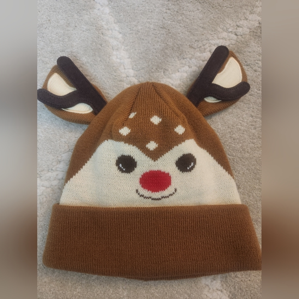 Brown Reindeer Knit Beanie with Antlers Rudolph